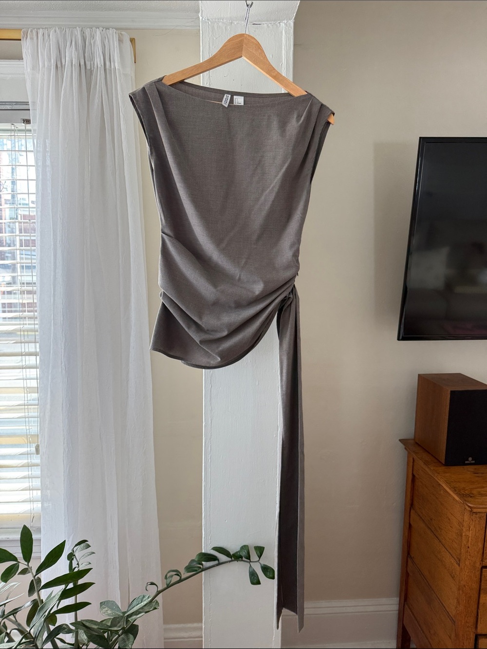 H&M Divided Gray Draped Asymmetrical Tie Waist Top Size S